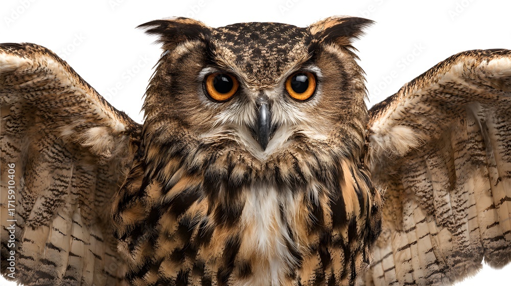 Fototapeta premium Close up portrait of a european eagle owl with open wings and orange eyes isolated on white background