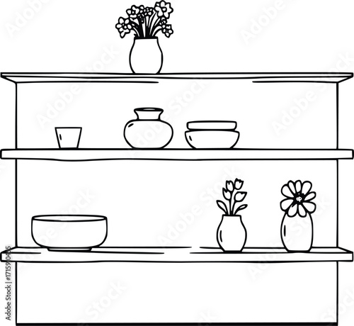 Decorative Flower Pots and Bowls on Shelf Sketch 