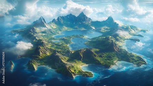 An awe-inspiring aerial view of a mythical ring-shaped island, a hidden paradise surrounded by ocean and clouds
