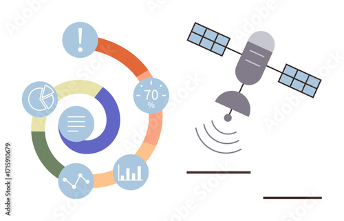 Circular infographic with charts, percentages, and data points beside a communication satellite with signal waves. Ideal for data analysis, remote sensing, communication, technology, information