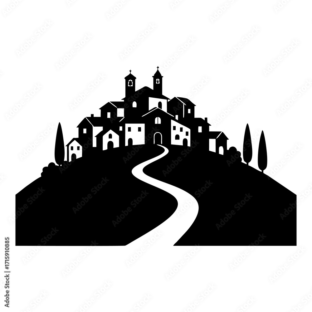 Fototapeta premium vector illustration of a village silhouette on a hilltop