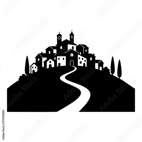 vector illustration of a village silhouette on a hilltop