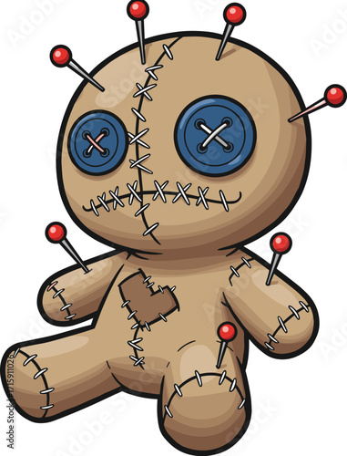 Creepy voodoo doll with stitches, horror cartoon character design, scary stitched doll illustration, occult magic symbol, Halloween spooky decoration artwork