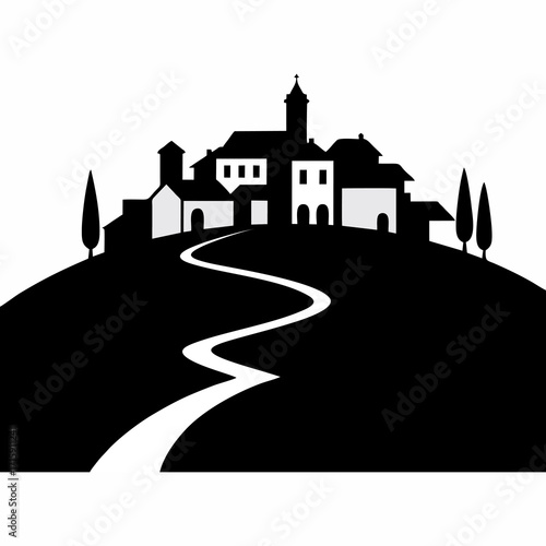 vector illustration of a village silhouette on a hilltop