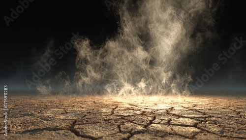 Dry cracked earth, rising hazy smoke