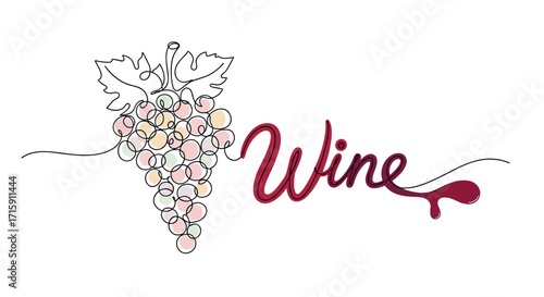 Wine word illustration with grape bunch, elegant mood, artistic design 