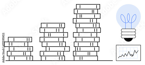 Stacks of coins increasing in height paired with a glowing lightbulb and a graph chart symbolizing financial growth, innovation, and success. Ideal for business, startups, investment, finance