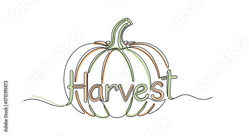 Pumpkin line drawing with the word harvest in a graceful style on a white background