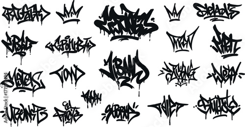 Urban graffiti art collection with bold tags and street style designs. Vector illustration