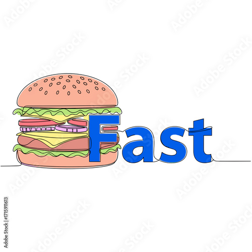Illustration of a burger with the word fast creatively integrated in a colorful and playful design