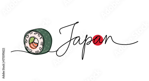 Illustration of sushi with the word Japan stylized and creatively integrated with a red circle in a playful design