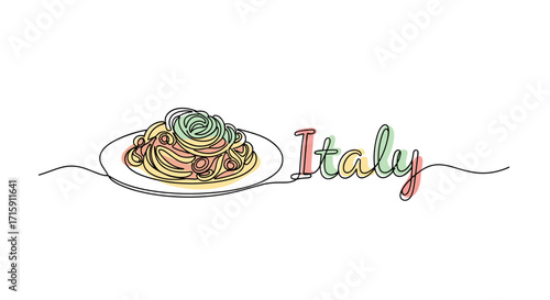 Illustration of a plate of pasta with the word Italy creatively integrated in a colorful design