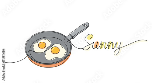 Illustration of sunny side up eggs in a frying pan with the word sunny creatively integrated in a cheerful design