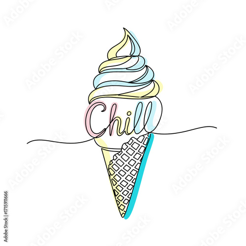 Illustration of a soft serve ice cream cone with the word chill creatively integrated in a vibrant design