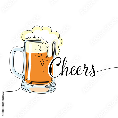 Illustration of a frothy beer mug with the word cheers elegantly integrated in a vibrant design
