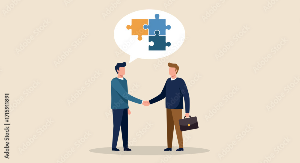 Fototapeta premium Two diverse men discuss partnership with puzzle speech bubble