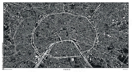 Detailed black and white map of central paris with streets and landmarks