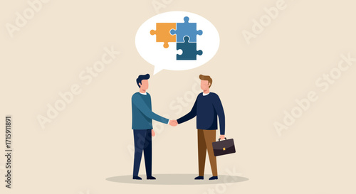 Two diverse men discuss partnership with puzzle speech bubble