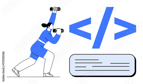 Woman lifting dumbbells with coding symbols and laptop representation, emphasizing balance between tech skills and health. Ideal for programming, fitness, remote work, lifestyle, self-improvement