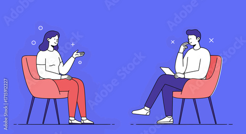 Engaging conversation between two professionals discussing ideas while seated comfortably in modern chairs, fostering collaboration and creative thought flow.