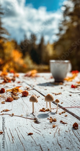 Small mushrooms on a rustic wooden table with autumn leaves and a cup of tea
