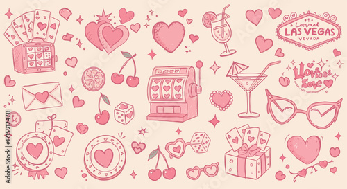 Romantic las vegas casino theme with hearts, cards, and gifts for valentine's celebration