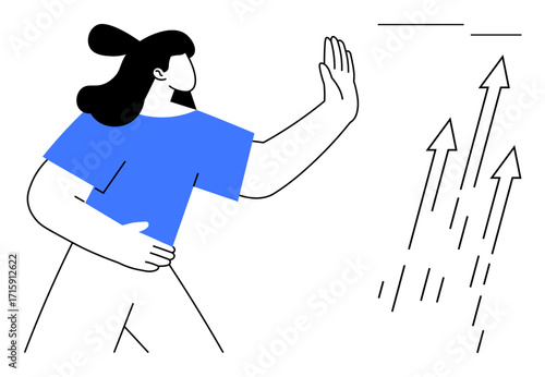 Confident woman halting upward-pointing arrows with an open hand and assertive stance. Ideal for themes thumbs up resistance, empowerment, decision-making, leadership, control, challenges, personal