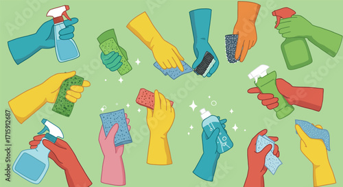 Diverse hands holding cleaning supplies for housekeeping and hygiene concepts vector illustration