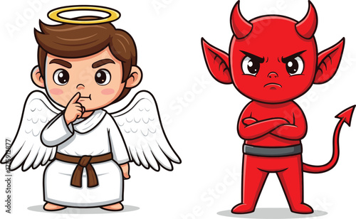Cute cartoon angel and devil characters, good versus evil concept illustration, adorable chibi style artwork, heaven and hell symbolic vector
