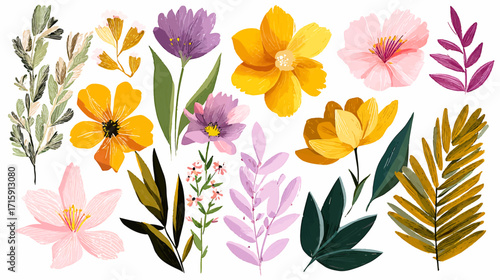 Vector illustration of flat color flowers and ferns clip art set, vector illustration on a white background, with flat colors, pastel colors, and colorful clipart-style illustrations. The clip-art 