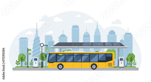 Eco-friendly electric bus in urban cityscape with charging station design for environmental awareness vector illustration