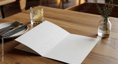 Blank menu sits open on a wooden restaurant table next to silverware, drink, and flower vase, inviting customers to explore the offerings in a cozy atmosphere.
