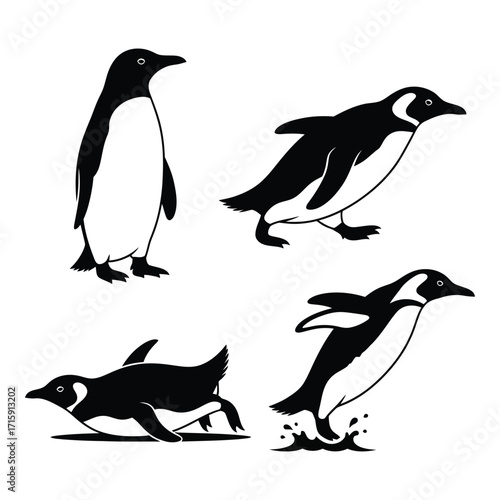 Four black and white penguin silhouettes in various poses and actions artistic rendering silhouette