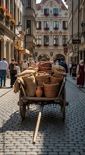 A rustic wooden cart laden with baskets and sacks, positioned in a charming old-world alleyway, filled with people dressed in period attire.