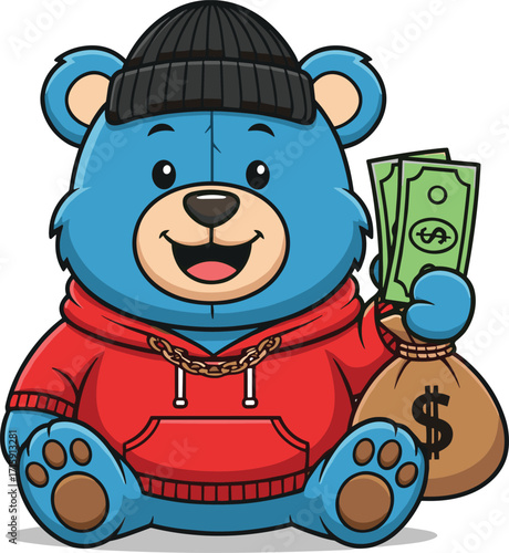 Cute cartoon blue bear, wearing hoodie and beanie hat, holding money bag, funny gangster teddy bear mascot vector illustration