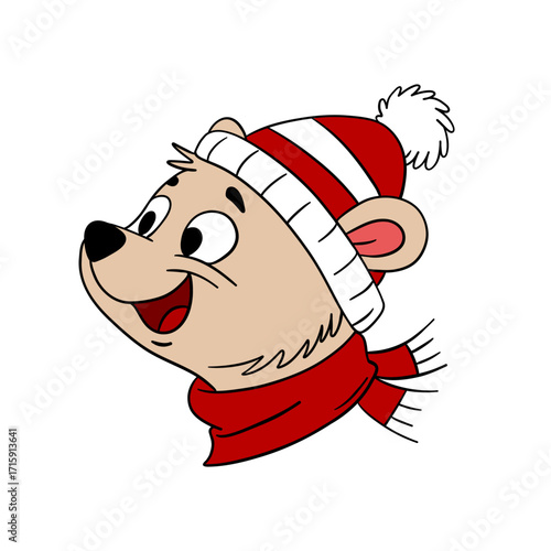 Cute Christmas bear in festive style with holiday decorations. Cheerful and cozy New Year character