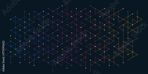 Abstract geometric triangular network with colorful dots on dark background