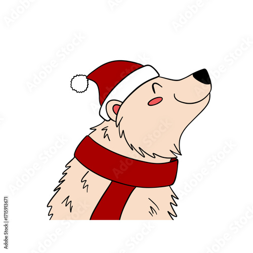 Cute Christmas bear in festive style with holiday decorations. Cheerful and cozy New Year character