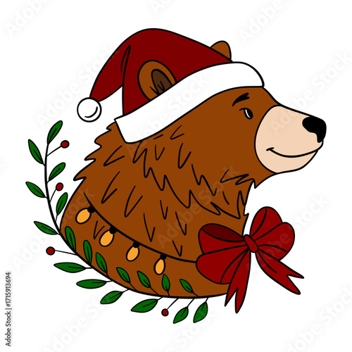 Cute Christmas bear in festive style with holiday decorations. Cheerful and cozy New Year character