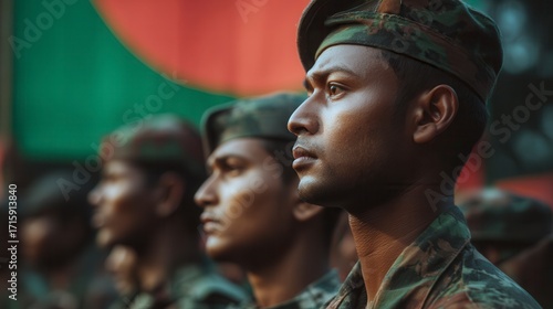 Determined South Asian young male soldiers in camouflage uniforms standing at attention during military ceremony with Bangladesh flag in background