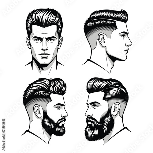 Four distinctive men's hairstyles and beards depicted in black and white sketches silhouette