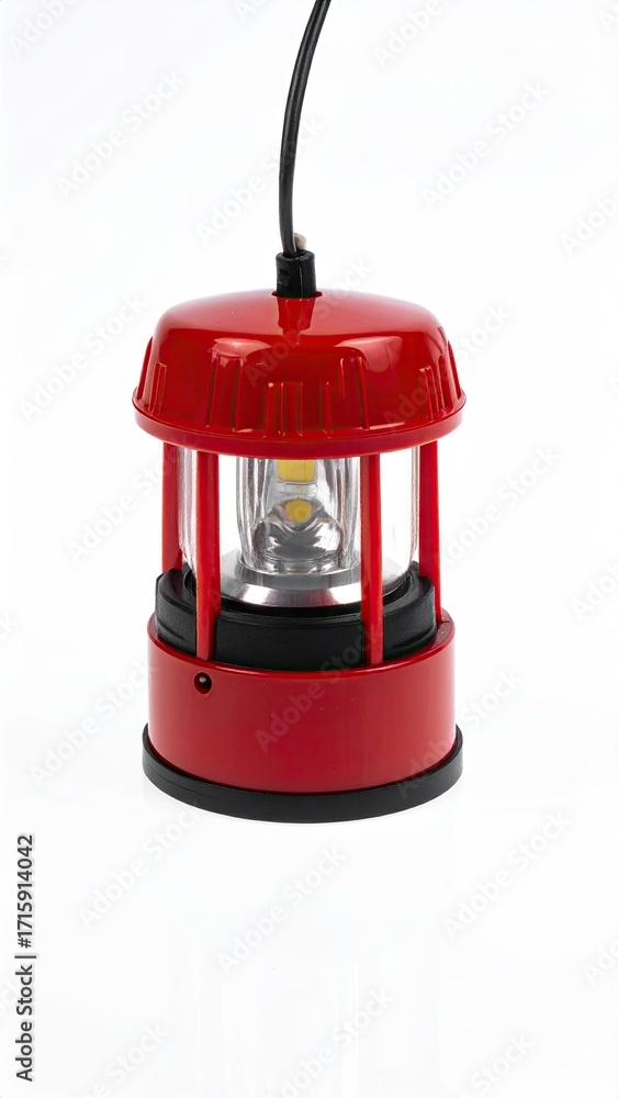 Fototapeta premium Compact red LED lantern with a protective cage, suspended by a black wire. Features a simple, cylindrical design