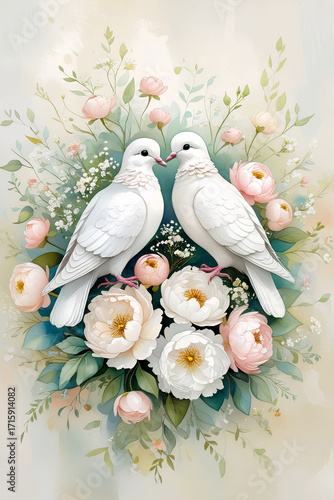 An elegant watercolor painting of two white doves perched on a lush bouquet of soft pink and cream-colored flowers, wedding invitation, greeting card.