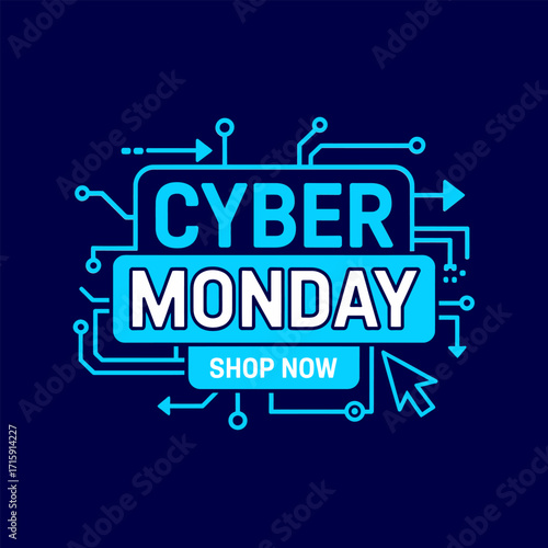 Cyber Monday sale banner, circuit board frame, neon blue glow, shop now button, tech promo square, vector design
