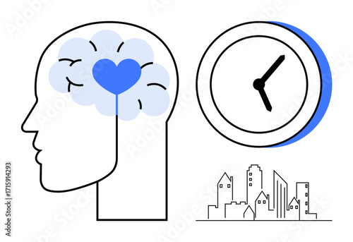 Head silhouette with brain and heart icon, clock, and cityscape evoke emotional intelligence, time management, and urban growth. Ideal for psychology, productivity, empathy, urbanization innovation