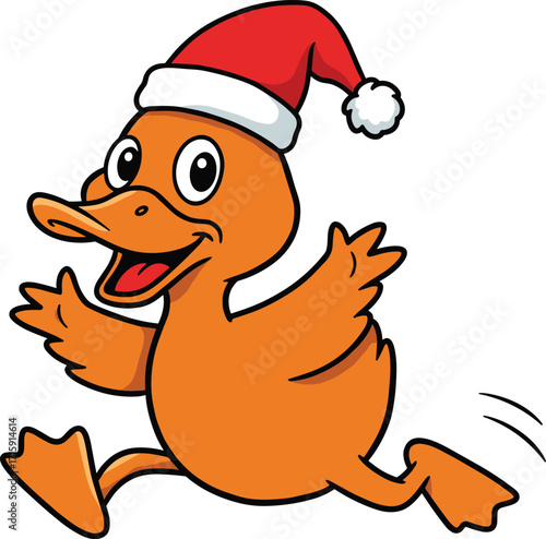 Cute cartoon duck wearing Santa hat, happy Christmas duck character illustration, festive holiday animal artwork, cheerful bird mascot design