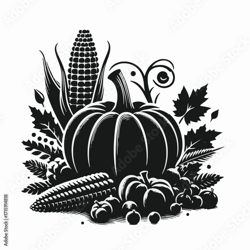 silhouette black pumpkin vector, thanksgiving harvest style