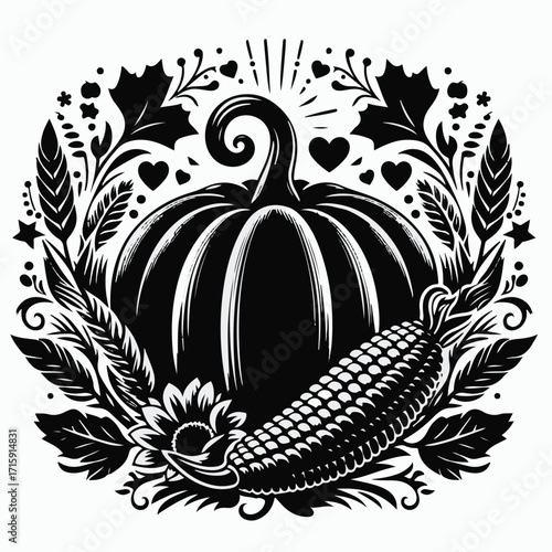 silhouette black pumpkin vector, thanksgiving harvest style