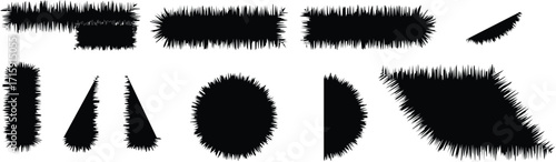 A collection of separate, abstract black shapes on a clean white background. Each shape—including a circle, triangles, rectangles, and an oval—features a unique, fuzzy, and spiky texture.