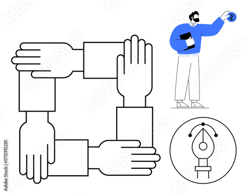 Interlinked hands forming a square, a person holding design tools, and a pen tool icon. Ideal for teamwork, unity, creativity, design, collaboration, communication teamwork synergy and partnership